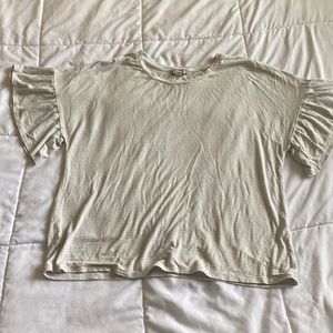 Off white and grey striped shirt with flared sleeves.